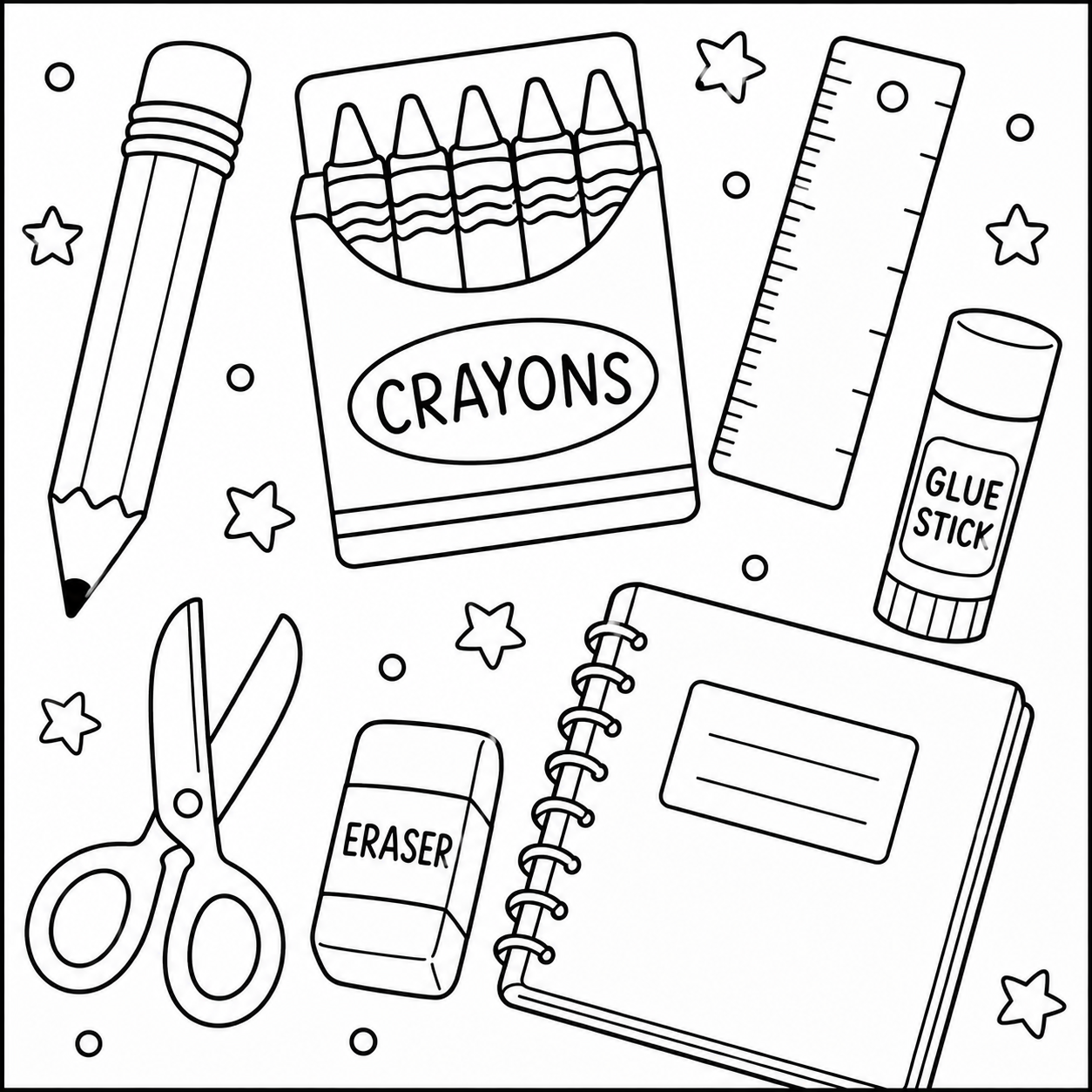 School Supplies Collection coloring page with pencil, crayon box, ruler, glue stick, scissors, and eraser